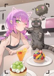  bibi_(tokoyami_towa) blush braid breasts cleavage commentary_request cup drawn_ears drawn_whiskers drawn_wings ear_piercing face_filter feline female food fork green_eyes hair_ornament hairclip highres hololive indoors jmao kotaro_(tokoyami_towa) one_eye_closed piercing pink_hair plate pointy_ears purple_hair selfie sideways_glance solo tokoyami_towa twin_braids virtual_youtuber 