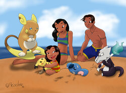  2016 3_toes 5_toes alolan_form alolan_marowak alolan_raichu ambiguous_gender beach bikini black_body black_hair blue_body blue_nose bottomwear breasts brown_eyes clothed clothing crossover david_kawena day digital_drawing_(artwork) digital_media_(artwork) disney feet female female_human fire generation_7_pokemon group hair hi_res human jewelry kneeling komala lilo_and_stitch lilo_pelekai lolicon long_hair looking_at_another looking_back looking_down lying male mammal mimikyu nani_pelekai navel necklace nintendo on_back one-piece_swimsuit open_mouth open_smile outside pokemon pokemon_(species) regional_form_(pokemon) seaside short_hair shorts sibling_(lore) signature sister_(lore) sisters_(lore) sitting sleeping small_breasts smile stripes swimming_trunks swimwear tankini tattoo toes topless vibafleischer young 