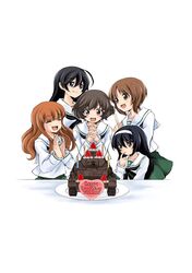  5girls ahoge akiyama_yukari birthday_cake black_eyes black_hair black_neckerchief blouse blunt_bangs brown_eyes brown_hair cake candle character_name closed_eyes closed_mouth commentary english_text finger_to_mouth food fruit girls_und_panzer green_skirt hagi_midori hairband happy_birthday heart interlocked_fingers isuzu_hana long_hair long_sleeves looking_at_another messy_hair military military_vehicle miniskirt motor_vehicle multiple_girls neckerchief nishizumi_miho ooarai_school_uniform open_mouth orange_hair own_hands_together panzer_iv plate pleated_skirt reizei_mako school_uniform serafuku shirt short_hair simple_background sitting skirt smile standing strawberry takebe_saori tank white_background white_hairband white_shirt 