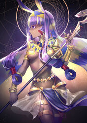  animal_ears armband blonde_hair bracelet breasts commentary dark-skinned_female dark_skin earrings egyptian_clothes fate/grand_order fate_(series) female hoop_earrings jackal_ears jewelry multicolored_hair nitocris_(fate) nitocris_(third_ascension)_(fate) pelvic_curtain purple_hair sagta_panggang small_breasts solo sparkle staff two-tone_hair 