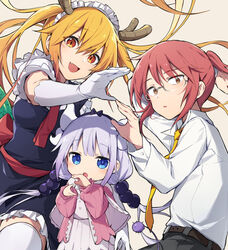  3girls absurdres blonde_hair dragon_girl elbow_gloves gloves highres horns kanna_kamui kobayashi-san_chi_no_maidragon kobayashi_(maidragon) light_purple_hair looking_at_viewer maid maid_headdress multiple_girls oyo_hitsuji red_hair tohru_(maidragon) twintails white_gloves 