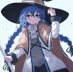  black_hat blue_background blue_eyes blue_hair braid brown_cape cape commentary crossed_bangs female fujimaki_nora hair_between_eyes hat highres holding holding_staff long_hair long_sleeves mushoku_tensei parted_lips roxy_migurdia simple_background solo staff twin_braids upper_body witch_hat 