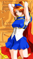  arle_nadja armor armored_dress blue_skirt brown_eyes brown_hair cape commentary_request female looking_at_viewer open_mouth puyopuyo puyopuyo~n qkat_(arikawa-dou) short_hair skirt smile solo 