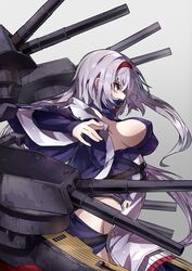  azur_lane breasts cannon capelet colorado_(azur_lane) covered_nipples female from_side grey_background grey_hair hairband highres large_breasts long_hair pale_skin ramuya_(lamb) red_eyes rigging sideboob sidelocks simple_background solo standing 