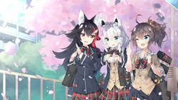  3girls ;d absurdres ahoge alternate_costume animal_ear_fluff animal_ears aqua_eyes bag black_hair braid breasts brown_hair cardigan cellphone cherry_blossoms clothes_around_waist fox_ears fox_tail highres hololive jacket jacket_around_waist long_hair long_sleeves lr_(last_remote_514) multiple_girls natsuiro_matsuri oerba_yun_fang one_eye_closed ookami_mio open_mouth orange_eyes oruyanke_(shirakami_fubuki) outdoors petals phone plaid plaid_skirt school_bag school_uniform scrunchie shirakami_fubuki side_braid skin_fang skirt smartphone smile sweatdrop tail virtual_youtuber wolf_ears 