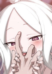  1boy ahoge black_horns blue_archive blush commentary female hand_grab highres hina_(blue_archive) hitotose_rin horns licking licking_finger long_hair looking_at_hand open_mouth pov pov_hands purple_eyes saliva shirt solo_focus symbol-only_commentary teeth tongue tongue_out upper_teeth_only white_hair white_shirt 