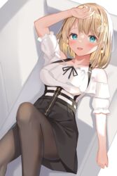  :d arm_up bare_shoulders black_pantyhose black_skirt blonde_hair blue_eyes blush bob_cut collarbone commentary_request couch feet_out_of_frame female hair_ornament hairclip high-waist_skirt highres hololive hololive_english knee_up looking_at_viewer lying mizuki_ryuu off-shoulder_shirt off_shoulder official_alternate_costume on_back on_couch open_mouth pantyhose puffy_short_sleeves puffy_sleeves shirt short_sleeves skirt smile solo suspender_skirt suspenders virtual_youtuber watson_amelia watson_amelia_(street_casual) white_shirt 