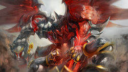  1boy 1other aatrox absurdres battle closed_mouth colored_skin darkin_(league_of_legends) gauntlets glowing glowing_eyes helmet highres holding holding_helmet holding_sword holding_weapon league_of_legends male_focus red_eyes red_skin solo_focus steam sword translated unworn_headwear unworn_helmet weapon wings wutu_(1183238220) 