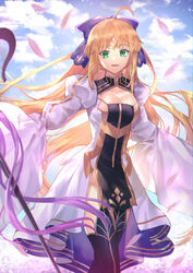  artoria_caster_(fate) artoria_caster_(third_ascension)_(fate) artoria_pendragon_(fate) blonde_hair bow breasts cleavage cleavage_cutout clothing_cutout cloud commentary dress english_commentary fate/grand_order fate_(series) female green_eyes hairbow highres juliet_sleeves long_sleeves medium_breasts mixed-language_commentary petals puffy_sleeves sagta_panggang smile solo thighhighs white_dress wide_sleeves 