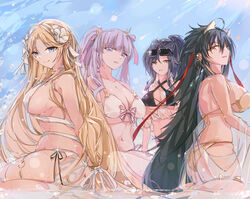  4girls azur_lane bikini black_bikini black_hair blonde_hair blue_eyes bow bow_bikini breasts brest_(azur_lane) brest_(marine_muse)_(azur_lane) chkalov_(azur_lane) chkalov_(seaside_sunset)_(azur_lane) choker commentary criss-cross_halter cross cross_choker eyewear_on_head from_side gold_bikini hair_ribbon halterneck harbin_(azur_lane) harbin_(union_between_sea_and_sky)_(azur_lane) large_breasts light_purple_hair long_hair mole mole_under_eye multi-strapped_bikini multiple_girls official_alternate_costume plymouth_(azur_lane) plymouth_(heart-throbbing_refreshment)_(azur_lane) purple_eyes red_ribbon ribbon shika_(shika0) swimsuit thong_bikini very_long_hair white_bikini white_choker yellow_eyes 