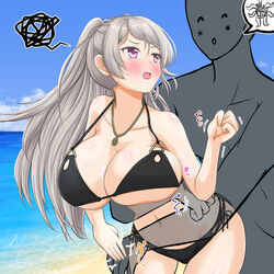  1boy abyssal_ship bare_arms bare_legs bare_shoulders beach bikini black_bikini blush breasts cleavage collarbone conte_di_cavour_(kancolle) cowboy_shot day enemy_naval_mine_(kancolle) female grey_hair highres kantai_collection large_breasts long_hair navel ocean open_mouth purple_eyes sosser swimsuit 