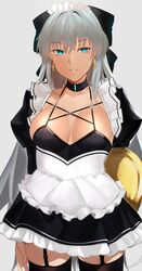  black_bow blue_eyes bow breasts cleavage fate/grand_order fate_(series) female grey_hair grin hairbow highres kameponde large_breasts long_hair looking_at_viewer morgan_le_fay_(fate) ponytail sidelocks smile solo thighs very_long_hair 