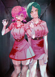  2girls 4chi belt blood blood_splatter brain breasts chainsaw_man colored_sclera cosmo_(chainsaw_man) dangling_eye exposed_brain feet_out_of_frame green_eyes grey_legwear grey_sclera hands_up heart heart-shaped_pupils highres large_breasts multiple_girls open_mouth pink_hair pink_shirt pink_skirt pleated_skirt purple_nails scarf shirt short_sleeves skirt symbol-shaped_pupils thighhighs tsugihagi_(chainsaw_man) white_legwear yellow_eyes 