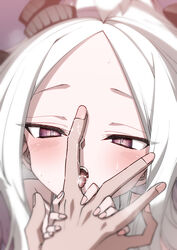  1boy ahoge black_horns blue_archive blush commentary female hand_grab highres hina_(blue_archive) hitotose_rin horns licking licking_finger long_hair looking_at_viewer open_mouth pov pov_hands purple_eyes saliva shirt solo_focus symbol-only_commentary teeth tongue tongue_out upper_teeth_only white_hair white_shirt 