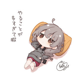  ahoge barefoot beni_shake brown_eyes brown_hair check_commentary chibi commentary_request cushion female grey_sweater hair_between_eyes lazy long_sleeves lying on_back original puffy_shorts red_shorts shorts signature solo sweater translated truth white_background 