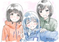  3girls artist_name black_hair blue_hair blush bob_cut brown_eyes closed_eyes eniwa_shii grey_eyes grin hand_on_another&#039;s_shoulder highres jacket koguma_(super_cub) long_hair medium_hair mole mole_under_eye multiple_girls reiko_(super_cub) selfie shichosa short_hair smile super_cub upper_body v 