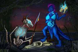  2020 absurd_res anthro argonian bone digital_media_(artwork) dragon duo female hi_res horn katruna94 looking_at_viewer magic_user marsh microsoft mythological_creature mythological_scalie mythology necromancer pregnant scalie simple_background skeleton skull swamp tail the_elder_scrolls 