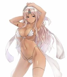  armlet armpits arms_up ass_visible_through_thighs bikini blush breasts brown_eyes cleavage closed_mouth commentary_request contrapposto cowboy_shot dark-skinned_female dark_skin female hair_ornament hairband highleg highleg_bikini highres large_breasts long_hair looking_at_viewer nakamura_nagare navel parted_bangs phantasy_star phantasy_star_online_2 pink_hair sidelocks simple_background solo standing string_bikini swimsuit white_background white_bikini 