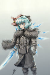  a_song_of_ice_and_fire artist_name blue_eyes blue_hair bow cape cirno coat commentary cosplay crossover english_commentary female game_of_thrones gloves highres holding holding_weapon isaki_tanaka jon_snow jon_snow_(cosplay) mask solo sword tengu_mask touhou weapon 