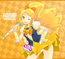  bad_id bad_pixiv_id blonde_hair bow bowtie brooch character_name checkered_background copyright_name cure_honey female hairbow hand_on_own_hip happinesscharge_precure! heart heart_brooch heart_wand jewelry kannagi_kaname long_hair magical_girl one_eye_closed oomori_yuuko orange_background panties pantyshot ponytail precure skirt smile solo underwear wand white_panties wide_ponytail yellow_eyes yellow_skirt 