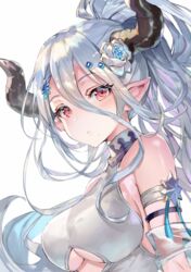  :o blue_hair blush breasts commentary_request crystal draph female flower granblue_fantasy hair_ornament horns izmir izmir_(summer)_(granblue_fantasy) large_breasts long_hair looking_at_viewer mole mole_under_mouth momoko_(momopoco) official_alternate_costume pale_skin pointy_ears ponytail red_eyes underboob upper_body 