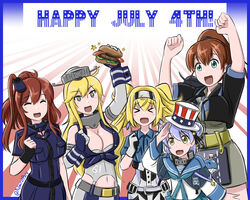  5girls admiral_paru anchor black_shirt blonde_hair blue_border blue_dress blue_eyes blue_hair blue_shirt border breast_pocket breasts brown_hair burger buttons closed_eyes collared_shirt commentary country_connection double_bun dress elbow_gloves english_commentary fingerless_gloves flight_deck food fourth_of_july front-tie_top gambier_bay_(kancolle) garter_straps gloves green_eyes green_skirt hair_between_eyes hair_bun hairband hat headgear high_side_ponytail highres intrepid_(kancolle) iowa_(kancolle) kantai_collection large_breasts little_blue_whale_(kancolle) long_hair long_sleeves looking_at_viewer miniskirt multicolored_clothes multicolored_gloves multiple_girls neckerchief open_mouth pleated_skirt pocket ponytail sailor_collar samuel_b._roberts_(kancolle) saratoga_(kancolle) school_uniform serafuku shirt short_hair short_sleeves shorts side_ponytail sidelocks skirt smile smokestack star-shaped_pupils star_(symbol) striped symbol-shaped_pupils top_hat twintails vertical_stripes whale 