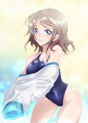  bare_shoulders blue_eyes commentary_request competition_swimsuit female grey_hair highres lolita_majin looking_at_viewer love_live! love_live!_sunshine!! one-piece_swimsuit parted_lips photoshop_(medium) short_hair solo standing swimsuit undressing watanabe_you 