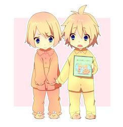  1boy :t aku_no_meshitsukai_(vocaloid) bad_id bad_pixiv_id bird blonde_hair blue_eyes book brother_and_sister buttons chick clenched_hands clothes_grab female holding holding_book holding_clothes kagamine_len kagamine_rin lolicon messy_hair oerba_yun_fang open_mouth ousaka_nozomi pajamas pajamas_pull pout short_hair siblings simple_background slippers translated twins v-shaped_eyebrows vocaloid 