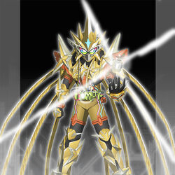  1boy armor commentary_request floating floating_object full_armor gamer_driver glowing gold_armor holding kamen_rider kamen_rider_ex-aid kamen_rider_ex-aid_(hyper_muteki) kamen_rider_ex-aid_(series) kivadcd male_focus multicolored_eyes muteki_gamer photoshop_(medium) rainbow_eyes rider_belt star_(symbol) tokusatsu 