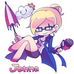  alternate_costume blonde_hair character_name chibi closed_umbrella cloud commentary_request female forecast_janna glasses janna_(league_of_legends) league_of_legends lowres microphone shimatta short_hair simple_background tied_hair umbrella white_background 