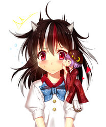  2girls ^^^ bad_id bad_pixiv_id black_hair blush bowl cnm grey_horns heart horns japanese_clothes kijin_seija kimono kissing mini_person minigirl multicolored_hair multiple_girls purple_hair red_eyes short_hair size_difference small_horns streaked_hair striped_horns sukuna_shinmyoumaru touhou 