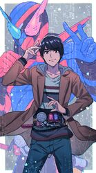  1boy bad_id bad_twitter_id black_hair blue_eyes build_driver commentary denim dual_persona equation fighting_stance henshin heterochromia highres jeans kamen_rider kamen_rider_build kamen_rider_build_(series) kiryuu_sento long_coat male_focus math pants rabbit+tank_form red_eyes rider_belt shinonoko_(tubamecider) 