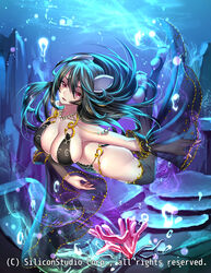  air_bubble bare_shoulders barefoot bead_necklace beads black_hair black_thighhighs blush breasts bubble cleavage collarbone commentary_request copyright_name coral detached_sleeves diving feet female freediving full_body gyakushuu_no_fantasica hair_ornament jewelry large_breasts long_hair looking_at_viewer necklace official_art over-kneehighs parted_lips red_eyes revealing_clothes ryuki@maguro-ex see-through sideboob soles solo swimming thighhighs toeless_legwear toes underwater wide_sleeves 