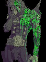  1boy bad_id bad_pixiv_id beard belt black_background dagda_(megami_tensei) facial_hair green_eyes green_theme hand_on_own_face male_focus shin_megami_tensei shin_megami_tensei_iv shin_megami_tensei_iv_final skull solo tattoo yasui_(neu032) 