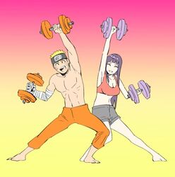  1boy bandaged_arm bandages barefoot blonde_hair breasts cleavage closed_eyes commentary_request dumbbell facial_mark female fes891 forehead_protector husband_and_wife hyuuga_hinata naruto:_the_last naruto_(series) navel open_mouth pose purple_hair shorts sidelocks smile spiked_hair stomach toned toned_male topless_male uzumaki_naruto whisker_markings 