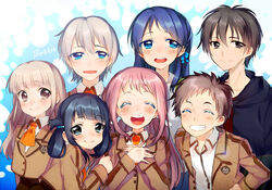  3boys 4girls black_eyes black_hair blue_eyes blue_hair brown_eyes closed_eyes commentary_request grin hair_rings highres hiradaira_chisaki hisanuma_sayu isaki_kaname kihara_tsumugu long_hair mihama_junior_high_school_uniform mukaido_manaka multiple_boys multiple_girls nagi_no_asukara open_mouth pink_hair sakishima_hikari school_uniform shiodome_miuna silver_hair smile twintails yuu_(7862260010) 