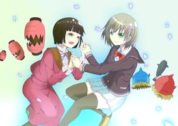  2girls binbougami_ga! minowa_kurumi multiple_girls sakura_ichiko skirt smile tears thighhighs zettai_ryouiki 