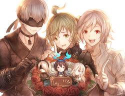  2b_(nier:automata) 3boys 3girls 9s_(nier:automata) :d ahoge albino alice_(sinoalice) anniversary black_blindfold black_hair blindfold blush_stickers bouquet chibi choker commentary_request covered_eyes creator_connection drag-on_dragoon drag-on_dragoon_3 flower gloves green_hair hair_ribbon hairband humanization looking_at_viewer mikhail_(drag-on_dragoon) multiple_boys multiple_girls nier:automata nier_(series) open_mouth otoko_no_ko photoshop_(medium) pink_eyes pinocchio_(sinoalice) prosthesis red_eyes ribbon rose sinoalice smile tenyo0819 white_hair zero_(drag-on_dragoon) 