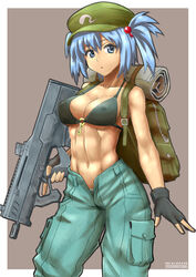  abs alternate_costume arm_at_side assault_rifle backpack bag bare_shoulders bikini bikini_top_only black_gloves blue_hair blue_pants breasts bullpup cleavage commentary covered_nipples ebr-kii female fingerless_gloves gloves gun hair_bobbles hair_ornament holding holding_weapon kawashiro_nitori key looking_at_viewer magpul_pdr medium_breasts midriff military navel open_mouth pants photoshop_(medium) rifle short_hair solo submachine_gun swimsuit tan toned touhou twintails two_side_up unbuttoned underboob weapon 