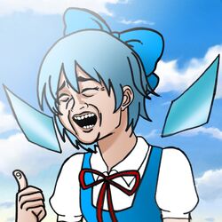  bitch_please_(meme) blue_bow blue_dress blue_hair blue_sky bow cirno closed_eyes cloud cloudy_sky collared_shirt day dress facing_viewer female hair_between_eyes hairbow ice ice_wings isatzelda251-ii man_face meme neck_ribbon open_mouth outdoors parody photo_background puffy_short_sleeves puffy_sleeves real_life red_ribbon ribbon self-upload shirt short_sleeves sky sleeveless sleeveless_dress smile solo teeth thumbs_up touhou upper_body white_shirt wings yao_ming 