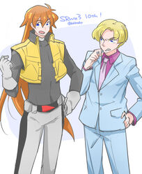  2boys akimoto_(akimomomoto) anniversary bad_id bad_pixiv_id blonde_hair blue_eyes cowboy_shot cropped_vest formal gloves gundam gundam_seed hand_on_own_hip hiyama_nobuyuki long_hair multiple_boys muruta_azrael necktie orange_hair shishiou_gai suit super_robot_wars super_robot_wars_alpha the_3rd_super_robot_wars_alpha twitter_username vest voice_actor_connection yuusha_ou_gaogaigar yuusha_series 