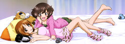  2girls :d absurdres akiyama_yukari bed bed_sheet boko_(girls_und_panzer) brown_eyes brown_hair girls_und_panzer headphones headphones_removed highres looking_at_viewer lying multiple_girls nishizumi_miho official_art on_back open_mouth pillow short_hair smile socks stuffed_animal stuffed_toy sugimoto_isao teddy_bear 