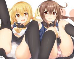  2girls absurdres black_skirt black_socks blonde_hair blush brown_eyes brown_hair commentary_request fumizuki_(kancolle) fumizuki_kai_ni_(kancolle) fuusuojisan hair_between_eyes highres kantai_collection kneehighs long_hair long_sleeves looking_at_viewer low_twintails multiple_girls neckerchief open_mouth panties pantyshot polka_dot polka_dot_background sailor_collar satsuki_(kancolle) satsuki_kai_ni_(kancolle) school_uniform serafuku skirt socks striped_clothes striped_panties thighhighs thighs twintails underwear white_panties yellow_eyes yellow_neckerchief 