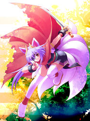  animal_ears blue_hair cape commentary_request eyepatch female fox_ears fox_tail full_body holding holding_sword holding_weapon horns japanese_clothes katana kitsune kuon_(shinrabanshou) kyuubi leaning_forward long_hair looking_at_viewer multiple_tails photoshop_(medium) red_eyes shinrabanshou solo sword tail takatsukasa_yue thighhighs weapon white_thighhighs 