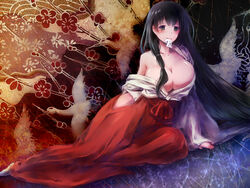  bad_id bad_pixiv_id bare_shoulders black_hair blush breasts cleavage collarbone female green_eyes ha1214 hair_censor hakama hakama_skirt huge_breasts iwato_kasumi japanese_clothes kimono long_hair looking_at_viewer miko no_bra off_shoulder open_clothes open_kimono red_hakama saki_(manga) shiny_skin sidelocks sitting skirt very_long_hair yokozuwari 