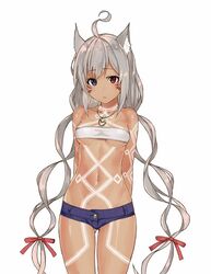  animal_ear_fluff animal_ears arms_behind_back ass_visible_through_thighs bandeau bare_shoulders blue_eyes commentary_request cowboy_shot dark-skinned_female dark_skin facial_mark female grey_hair hair_ribbon heterochromia jewelry long_hair low_twintails midriff nakamura_nagare navel necklace phantasy_star phantasy_star_online_2 red_eyes ribbon short_shorts shorts simple_background solo strapless tattoo twintails very_long_hair white_background 