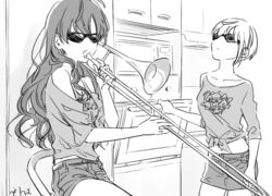  2girls bad_id bad_twitter_id crop_top greyscale hagi_kaito ichinose_shiki idolmaster idolmaster_cinderella_girls instrument kitchen lazy_lazy_(idolmaster) long_hair meme microwave midriff midriff_peek miyamoto_frederica monochrome multiple_girls off_shoulder oven short_hair short_shorts shorts signature sunglasses trumpet when_mama_isn&#039;t_home_(meme) 