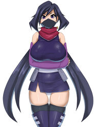  abu ayame_(gundam_build_divers) black_hair black_thighhighs breasts commentary crossed_arms elbow_gloves female gloves gundam gundam_build_divers japanese_clothes large_breasts long_hair looking_at_viewer low_ponytail mask mouth_mask ninja ninja_mask purple_eyes scarf solo thighhighs 