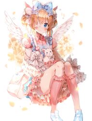  angel_wings animal animal_on_lap b_rock bad_id bad_pixiv_id bag bell blue_bow blue_eyes blush bow bubble collared_shirt double_bun dress eyepatch feathered_wings feline female flower frilled_bow frilled_dress frilled_sleeves frilled_socks frills grey_bow hair_bell hair_bun hair_ornament hairbow head_wings kneehighs looking_at_viewer messenger_bag on_lap orange_hair original petals pigeon-toed pinafore_dress pink_shirt pink_socks shirt shoulder_bag sidelocks sleeveless sleeveless_dress sleeves_past_wrists socks solo striped striped_bow very_long_sleeves white_wings wings 