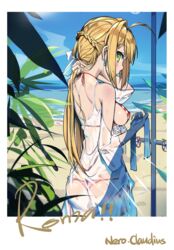  ahoge alternate_hairstyle ass back bare_arms bare_shoulders bikini blonde_hair blue_sky blush breasts character_name closed_mouth cloud cloudy_sky commentary_request covered_nipples cowboy_shot day earrings eyelashes fate/extra fate/grand_order fate_(series) female from_behind glint green_eyes hair_down hair_intakes hair_lift halterneck hand_in_own_hair hands_in_hair hands_up highres holding holding_own_hair jewelry legs_together long_hair looking_at_viewer looking_back lu&quot; medium_breasts nape nero_claudius_(fate) nero_claudius_(swimsuit_caster)_(fate) nero_claudius_(swimsuit_caster)_(third_ascension)_(fate) ocean outdoors profile see-through shoulder_blades side-tie_bikini_bottom sideboob sidelocks sky smile solo standing striped_bikini striped_clothes swimsuit thigh_gap water 